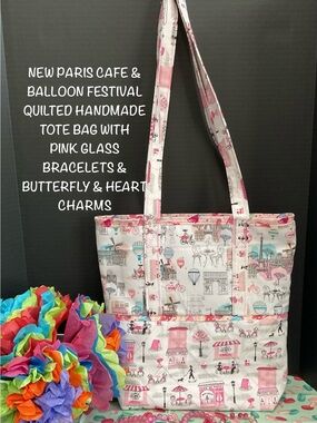 NEW PARIS DE CAFE QUILTED HANDMADE TOTE BAG W/PIBK GLASS BRACELETS & CHARMS